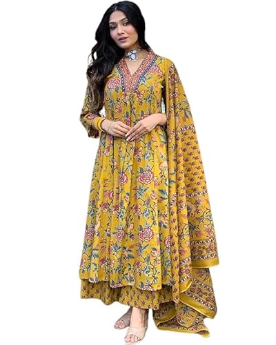 Rajnandini Damen Kurta & Palazzo aus reiner Baumwolle mit Dupatta bedruckt (JOPLJPR868-P_Mustard Yellow_P), senfgelb, L von Rajnandini