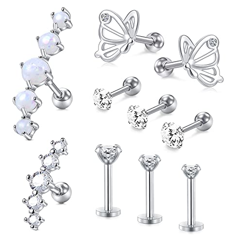 Rajnard 10Stk Tragus Piercing Chirurgenstahl Silber Knorpel Ohrpiercing Ohrstecker Ohrring 16G CZ Barbell Piercing Labret Monroe Schmuck Damen Männer von Rajnard