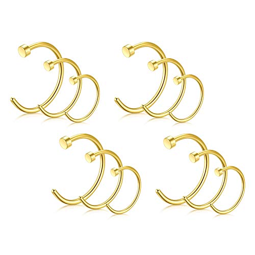 Rajnard 12er Nasenpiercing Nasenringe 18G/20G 6/8/10mm Chirurgenstahl Gold Fake Nasenring Nase Piercing Hoop Ring Schmuck Frauen Männer von Rajnard