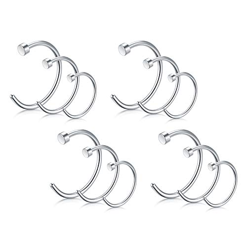 Rajnard 12er Nasenpiercing Nasenringe 18G/20G 6/8/10mm Chirurgenstahl Silber Fake Nasenring Nase Piercing Hoop Ring Schmuck Frauen Männer von Rajnard