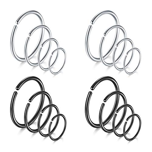 Rajnard 12er Nasenpiercing Nasenringe 18G 6/8/10/12mm Chirurgenstahl Fake Nasenring Nase Lippe Tragus Helix Piercing Ring Schmuck Frauen Männer Silber/Schwarz von Rajnard