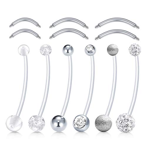 Rajnard 14G Schwangerschafts-Bauchstange Bauchnabel-Stangen 38 mm Silber Flexibler Bioplast Mutterschafts Nabelringhalter 6 Stück für Damen mit 6 mm 8 mm 10 mm Edelstahl Ersatzstangen von Rajnard