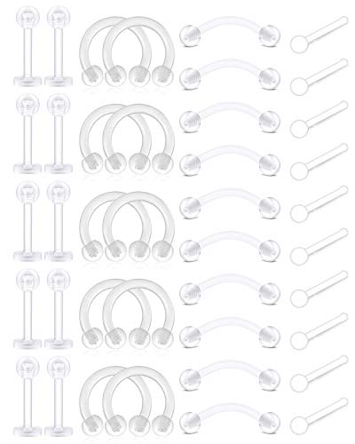 Rajnard 16G 18G Clear Piercing Retainer Septum Lip Augenbrauen für die Arbeit Kunststoff Nasenstecker Bananabells Flexibles Nasenloch Piercing für Frauen Männer Set 2 von Rajnard