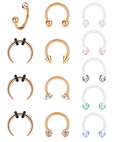 Rajnard 16G 8mm Septum Piercing Septum Ring Lippenpiercing Chirurgenstahl Hufeisenring mit Glitzerkugel Tragus Helix Piercing Schmuck Damen Herren 13St Rosegold von Rajnard