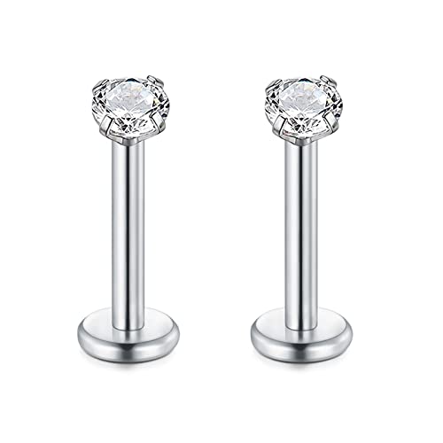 Rajnard 16G Chirurgenstahl Lippenpiercing Stud Silber 8mm Cartilage Tragus Helix Ohrringe Piercing Labret mit 2mm Zirkon Innengewinde Piercing Schmuck für Frauen Männer von Rajnard