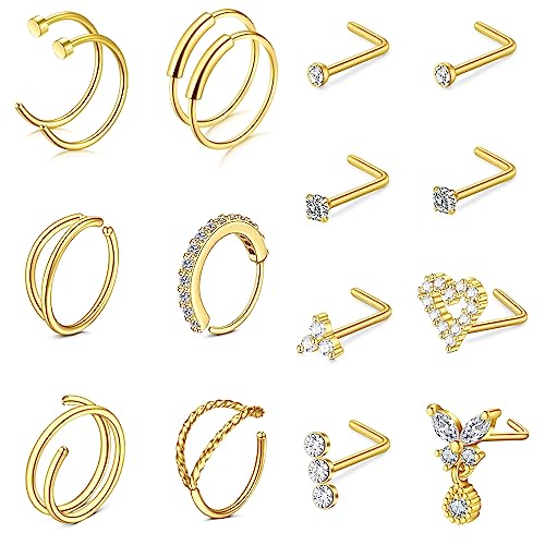 Rajnard 16PCS 316L Chirurgenstahl Nasenring Ohrstecker 20G 7mm Gold L-Form Nase Schraube Nase Hoop Ringe für Frauen Mädchen Edelstahl Nostril Piercing Schmuck von Rajnard