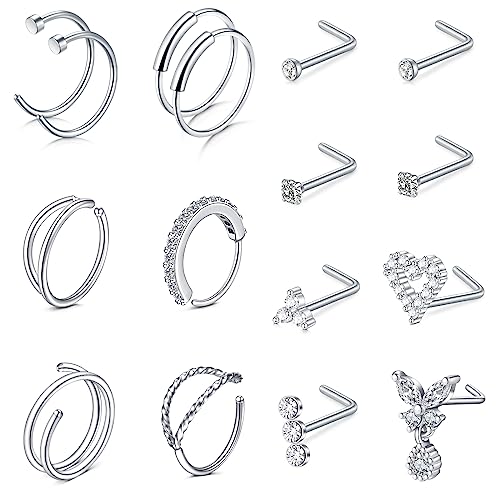 Rajnard 16PCS 316L Chirurgenstahl Nasenring Ohrstecker 20G Silber L-Form Nasenschraube Nasenbügel Ringe für Frauen Mädchen Edelstahl Nasenloch Piercing Schmuck von Rajnard