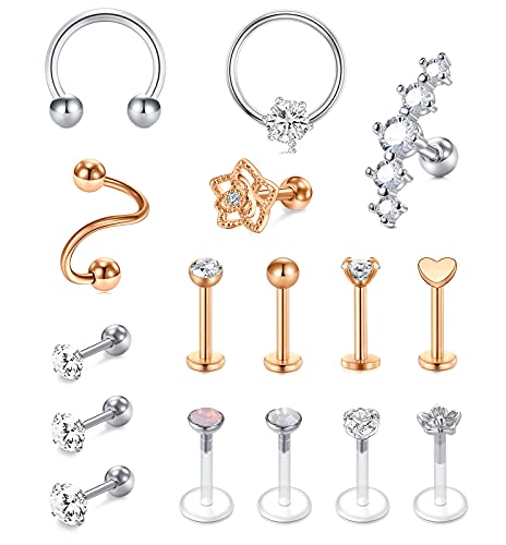 Rajnard 16Stk Tragus & Helix Piercing - Chirurgenstahl Silber & Rosegold Knorpel Ohrstecker & Ohrringe 16G CZ Barbell & Labret Monroe Schmuck fr Damen & Mnner von Rajnard
