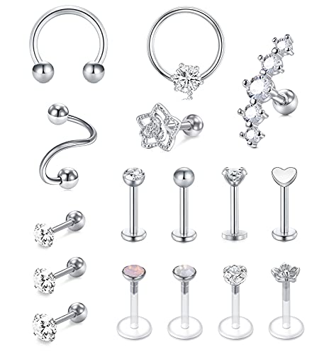 Rajnard 16stk Tragus Piercing Helix Piercing Chirurgenstahl Silber Knorpel Ohrpiercing Ohrstecker Ohrring 16G CZ Barbell Piercing Labret Monroe Schmuck Damen Männer von Rajnard