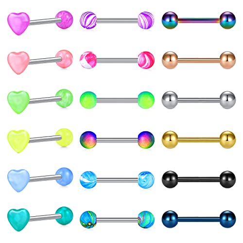 Rajnard 18 Stück Zungenpiercing 16mm Zungen Piercing 14G Chirurgenstahl mit Herz Top Glow in The Dark Kugel Zungenring für Damen Herren von Rajnard