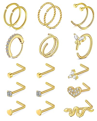 Rajnard 18PCS 316L Chirurgenstahl Nose Ring Studs 20G Gold L-Form Nase Schraube Nase Hoop Ringe für Frauen Mädchen Edelstahl Nostril Piercing Schmuck von Rajnard