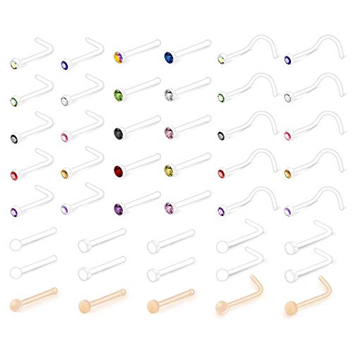 Rajnard 20G Klare Nasenringe Nasenstecker für die Arbeit Kunststoff Nasenpiercing L-förmige Nasenschraube Diamant CZ Flexible Nasenloch-Piercing-Halter für Frauen Männer Hautfarbset von Rajnard