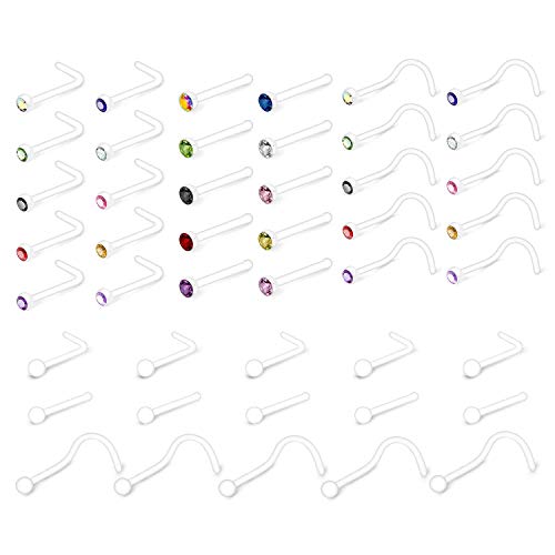 Rajnard 20G Klare Nasenringe Nasenstecker für die Arbeit Kunststoff Nasenpiercing L-förmige Nasenschraube Diamant CZ Flexible Nasenloch-Piercing-Halter für Frauen Männer Klares Set von Rajnard