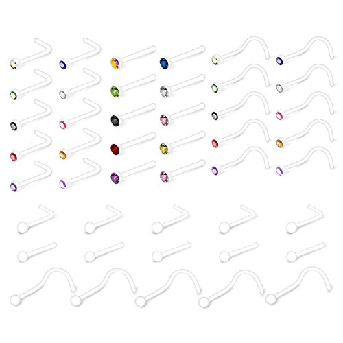Rajnard 20G Klare Nasenringe Nasenstecker für die Arbeit Kunststoff Nasenpiercing L-förmige Nasenschraube Diamant CZ Flexible Nasenloch-Piercing-Halter für Frauen Männer Klares Set von Rajnard