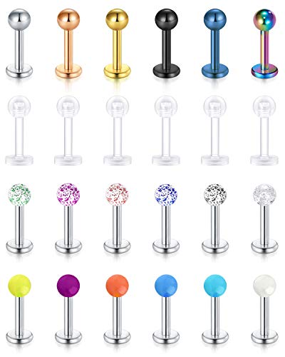 Rajnard 24Pcs Lippenpiercing 16G Chirurgischer Stahl Labret Ohrstecker Monroe Ring Piercing Schmuck für Frauen Männer Tragus Helix Ohrringe Hanteln 6mm von Rajnard