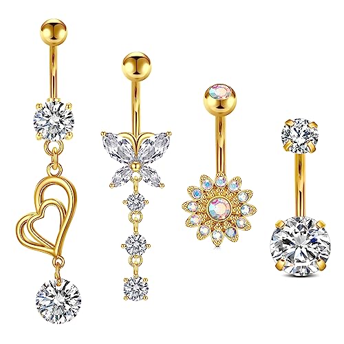 Rajnard Bauchnabelpiercing 14G Baumelnd Bauchnabel Banane Barbell 10mm Chirurgenstahl baumelnden Bauchnabel Ringe Silber Gold Blume Schmetterling Herz Nabel Piercing Schmuck für Frauen von Rajnard