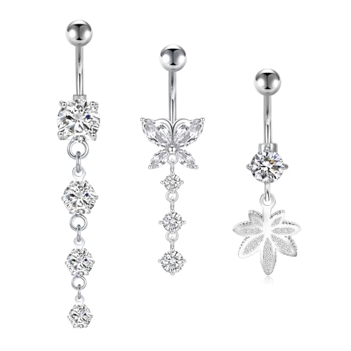 Rajnard Bauchnabelpiercing 14G Dangle Bauchbanane Barbell 10mm Chirurgenstahl baumelnden Bauchnabel Ringe Blume Schmetterling Herz Nabelpiercing Schmuck für Frauen Silber Rose Gold Rosa Blau von Rajnard