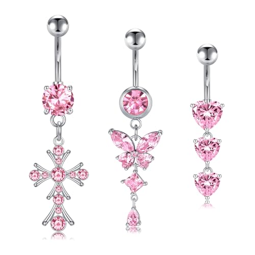 Rajnard Bauchnabelpiercing 14G Dangle Bauchbanane Barbell 10mm Chirurgenstahl baumelnden Bauchnabel Ringe Blume Schmetterling Herz Nabelpiercing Schmuck für Frauen Silber Rose Gold Rosa Blau von Rajnard