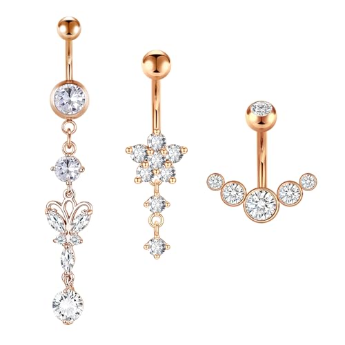 Rajnard Bauchnabelpiercing 14G Dangle Bauchbanane Barbell 10mm Chirurgenstahl baumelnden Bauchnabel Ringe Blume Schmetterling Herz Nabelpiercing Schmuck für Frauen Silber Rose Gold Rosa Blau von Rajnard