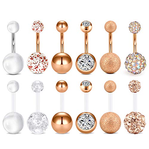 Rajnard Bauchnabelpiercing chirurgenstahl Rosegold 14G Bauchpiercing 12 Stil Nabelpiercing Bauchnabelring retainers bioflex Banane flexibel Kunststoff für Frauen Mädchen 10mm von Rajnard