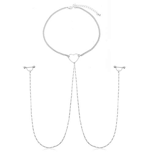 Rajnard Brustwarzenpiercing Nippelchain mit Chokerhalsketten Edelstahl Kette Silberfarbener Herz Punk Halsreif für Frauen Piercing Schmuck von Rajnard