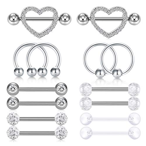 Rajnard Zungenpiercing Silber 14pcs 14G Chirurgischer Stahl und Acryl mit Zirkonia Herz Ring Kette Barbells Piercing Schmuck von Rajnard