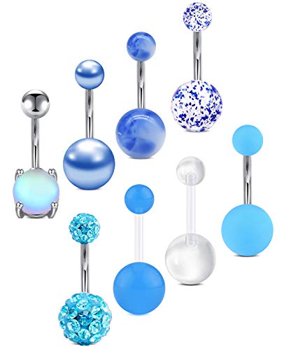 Rajnard Chirurgenstahl Bauchnabelpiercing blau 14G 8stk Nabelpiercing Bauchnabelstab Bauchnabelring Kristallkugel und Glitter Ball für Frauen Mädchen von Rajnard