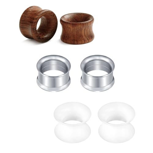 Rajnard Edelstahl Silikon Holz Tunnel Set 12mm Extra Weich und Flexibel Flesh Tunnel Ohr Plug Expander Hider Piercing Schmuck für Frauen und Männer Silber Weiß Holz von Rajnard