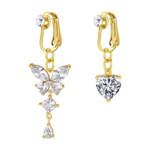 Rajnard Fake Bauchnabelpiercing Silber Gold Clip On Bauchnabel Piercing Chirurgenstahl Fake Belly Ring Piercing Herz Schmetterling CZ Diamant Piercing Schmuck für Damen Frauen von Rajnard