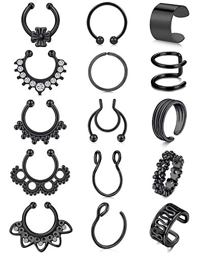 Rajnard Fake nasenpiercing Ohr Manschette schwarz Nicht Piercing Clip auf Knorpel Ohrringe Edelstahl Piercing Cartilage Nasen Septum Hoop für Männer Damen 15pcs von Rajnard