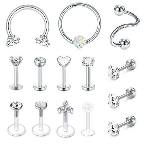 Rajnard Helix Septum Lip Piercing Schmuck 16G Chirurgenstahl Silber Tragus Knorpel Conch Rook Ohrringe Stud UV Transparent Retainer Zirkonia Blume und Herz für Frauen Damen und Mädchen von Rajnard