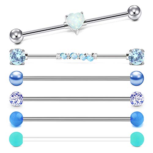 Rajnard Industrial Piercing Langhantel Ohrringe 14G Chirurgische Edelstahl Opal Herzgerüst Industrial Piercing Schmuck Klare Haltestange 35mm 38mm für Frauen Männer Silber von Rajnard