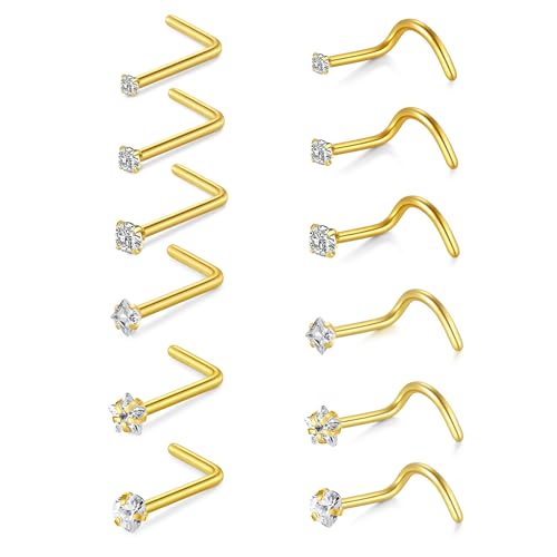 Rajnard Nasenpiercing 18G 20G 22G Gold Silber Nasenpiercing Stecker 1,0/0,8/0,6mm Chirurgenstahl mit Zirconia Strassstein Nase Nostril Piercing Schmuck für Männer Frauen von Rajnard