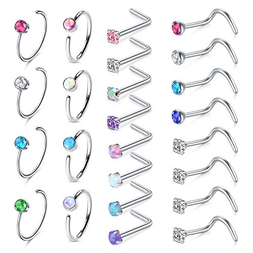 Rajnard Nasenpiercing CZ & Opaline Nasenringe 24pcs Chirurgenstahl Nasenring und Nasenstecker L-förmigen C-förmigen Body Piercing Schmuck für Männer Frauen von Rajnard