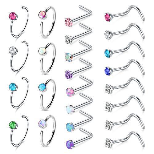 Rajnard Nasenpiercing CZ & Opaline Nasenringe 24pcs Chirurgenstahl Nasenring und Nasenstecker L-förmigen C-förmigen Body Piercing Schmuck für Männer Frauen von Rajnard