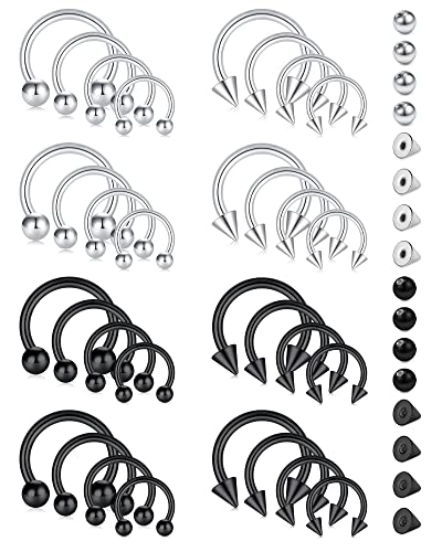 Rajnard Nasenring Piercing und Ersatz Kugel Set Silber Schwarz 16G Chirurgenstahl Hufeisen Septum Lippe Helix Knorpel Tragus Daith Rook Ohrringe 6 8 10 12mm für Frauen und Männer von Rajnard