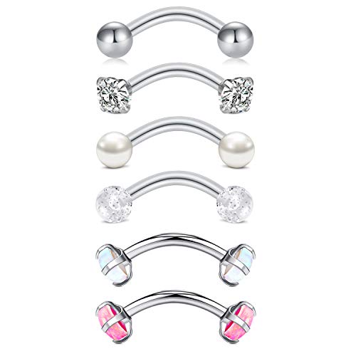 Rajnard Rook Ohrringe Augenbrauen Piercing Bar Real Opal 16G Chirurgischer Stahl BananeBarbell 8mm Turm Daith Conch Piercing Schmuck Silber Für Frauen Mädchen 6St von Rajnard