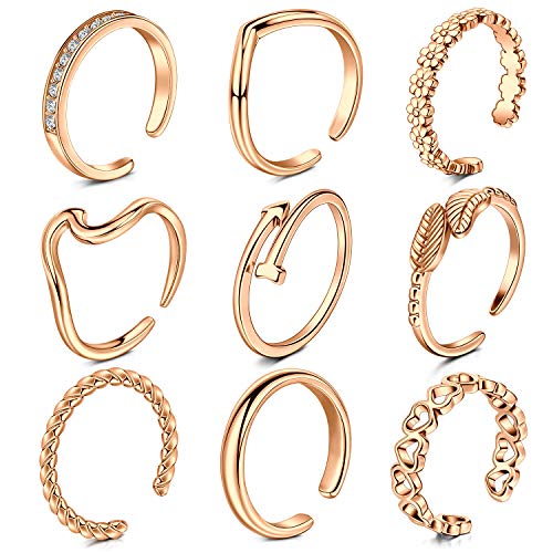 Rajnard Rosegold Zehenring Fingerringe Gelenkringe Chirurgischer Stahl Verstellbarer Bandring Fingerknöchel Fußring Blume Herz Blatt Pfeil Design Für Frauen Mädchen 9St von Rajnard