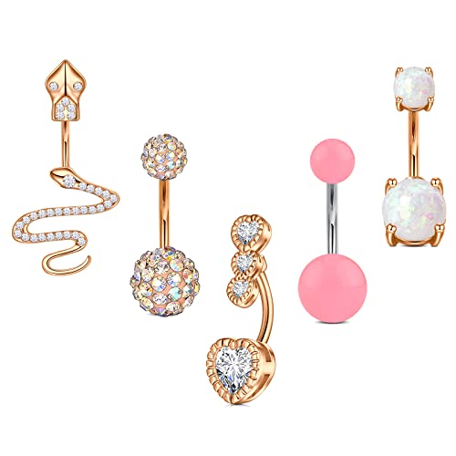 Rajnard Schlange Bauchnabelpiercing 10mm 14G Chirurgenstahl Roségold Mit Herz Diamant Opal Bauchpiercing für Damen 5St von Rajnard