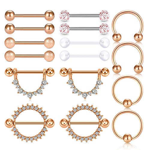 Rajnard Silber Brustwarzenpiercing 16pcs Nippel-Piercing mit Spitze Zungenpiercing Chirurgischer Stahl und Acryl Nasenringe Frauen PiercingSchmuck von Rajnard