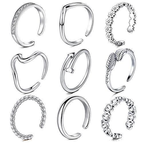 Rajnard Silver Toe Ring Zehenring Fingerringe Gelenkringe OP-Stahl Verstellbarer Bandring Fingerknöchel Fußring Blume Herz Blatt Pfeil Design für Frauen Mädchen 9St von Rajnard
