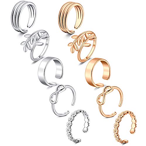 Rajnard Zehenring Fingerringe Gelenkringe Verstellbares Band Knöchel Fußring Blütenblatt Verschiedene Arten Chirurgischer Stahl Für Frauen Mädchen 10Stk Silber/Rosegold Set von Rajnard