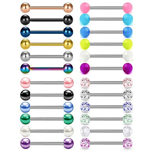 Rajnard Zungenpiercing Nippelpiercing Brustwarzenpiercing 14G 16mm Chirurgischer Stahl mit Zirkon Glitter Ball Leuchtperle Piercing Schmuck Frauen Mädchen 24pcs Mixfarben von Rajnard