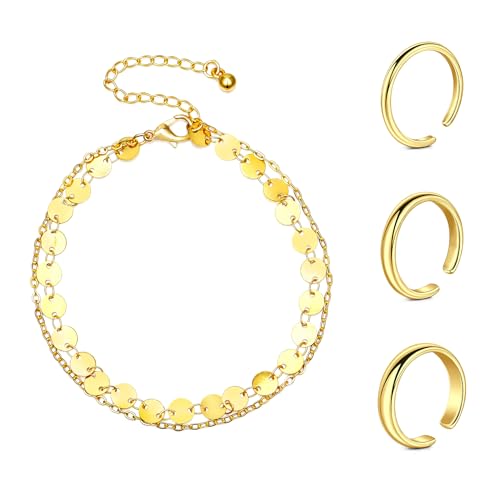 Zehenring und Fußkettchen Set 2mm/3mm/4mm Klassischer glatter Zehenring Verstellbarer offener Finger Knöchelring und Armband Silber Rose und Gold von Rajnard
