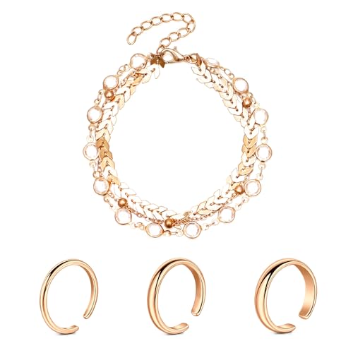Zehenring und Fußkettchen Set 2mm/3mm/4mm Klassischer glatter Zehenring Verstellbarer offener Finger Knöchelring und Armband Silber Rose und Gold von Rajnard
