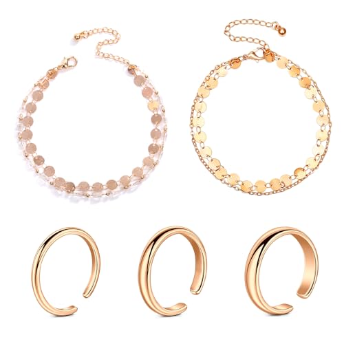 Zehenring und Fußkettchen Set 2mm/3mm/4mm Klassischer glatter Zehenring Verstellbarer offener Finger Knöchelring und Armband Silber Rose und Gold von Rajnard