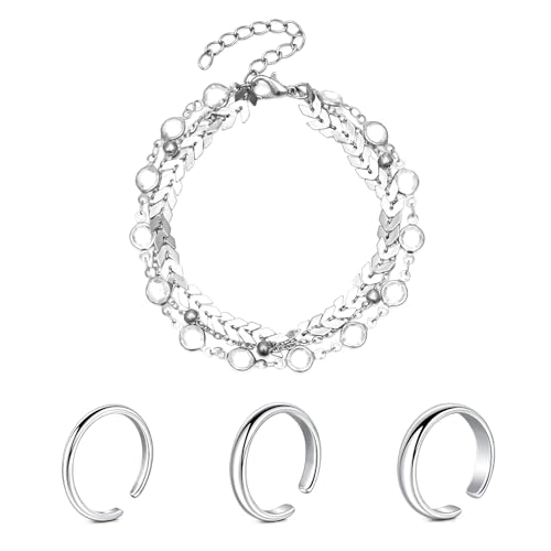 Zehenring und Fußkettchen Set 2mm/3mm/4mm Klassischer glatter Zehenring Verstellbarer offener Finger Knöchelring und Armband Silber Rose und Gold von Rajnard