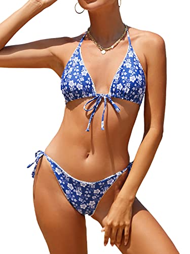 Bikinis Badeanzug Set für Frauen Bademode Triangel Badeanzug Krawatte String Tanga, Blau floral, XS von Rajputana