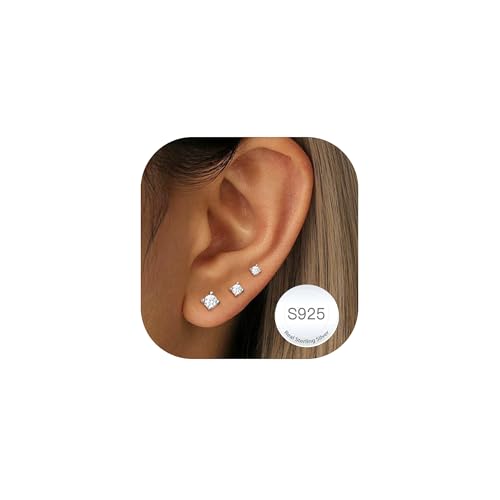 RAJPUTANA 3 Paare Kleine Ohrringe Sterling Silber für Damen Set Hypoallergen Ohrstecker Silber 925 Zartes CZ Ohrstecker Ohrringe Set für Mehrere Piercings von Rajputana