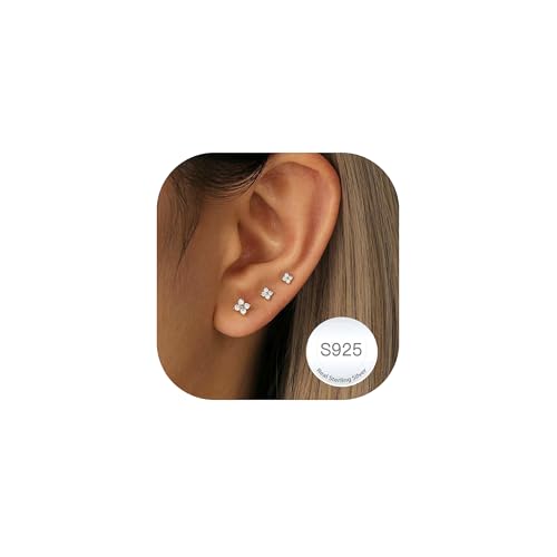 RAJPUTANA 3 Paare Kleine Ohrringe Sterling Silber für Damen Set Hypoallergen Ohrstecker Silber 925 Zartes CZ Ohrstecker Ohrringe Set für Mehrere Piercings von Rajputana